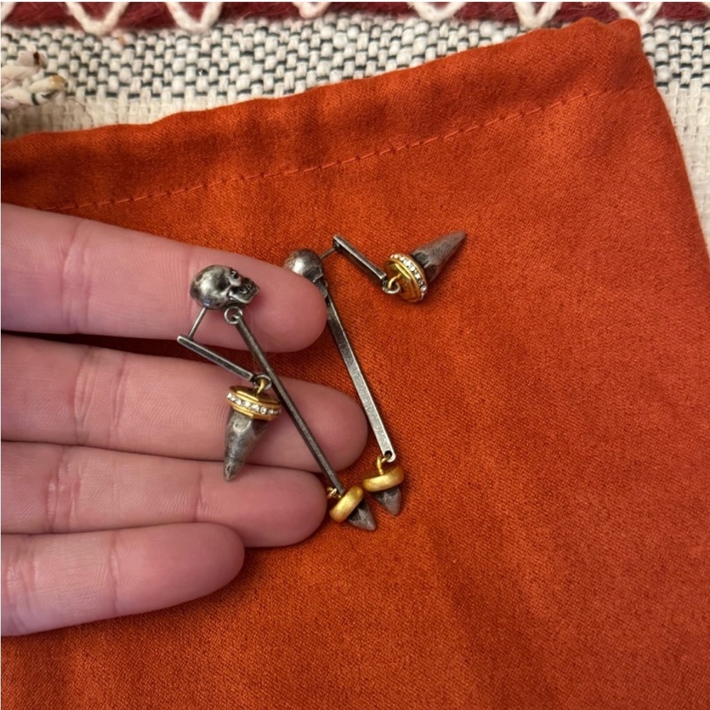 Alexander McQueen Silver Skull Drop Earrings with Gold Accents - Picture 2 of 4